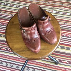 Oxblood studded Heeled Frye mules